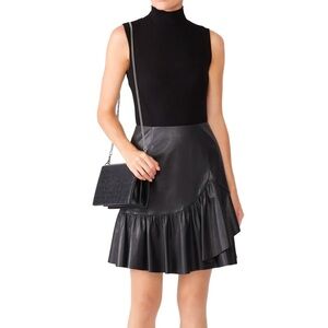 NEW Rebecca Taylor vegan leather lined asymmetrical mini skirt with ruffle 10
